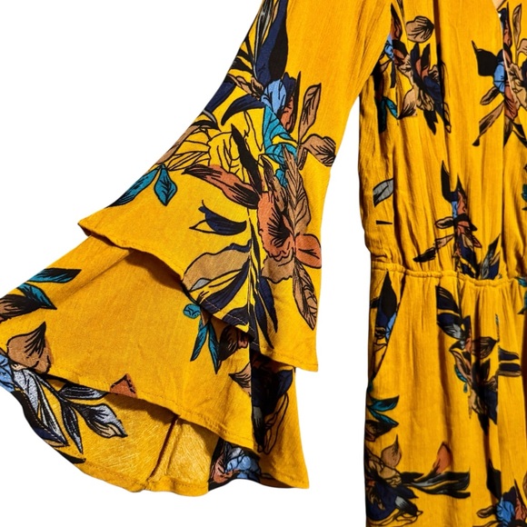Very J Bohemian Mustard Floral Print Long Ruffled Layered Bell Sleeve Romper - Picture 5 of 12